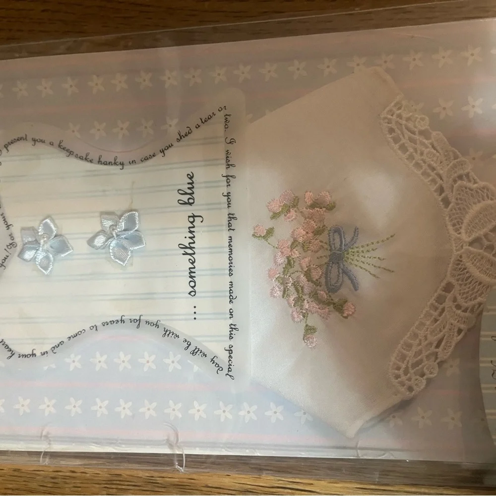 Blue and White Bridal Garter and something blue handkerchief set.